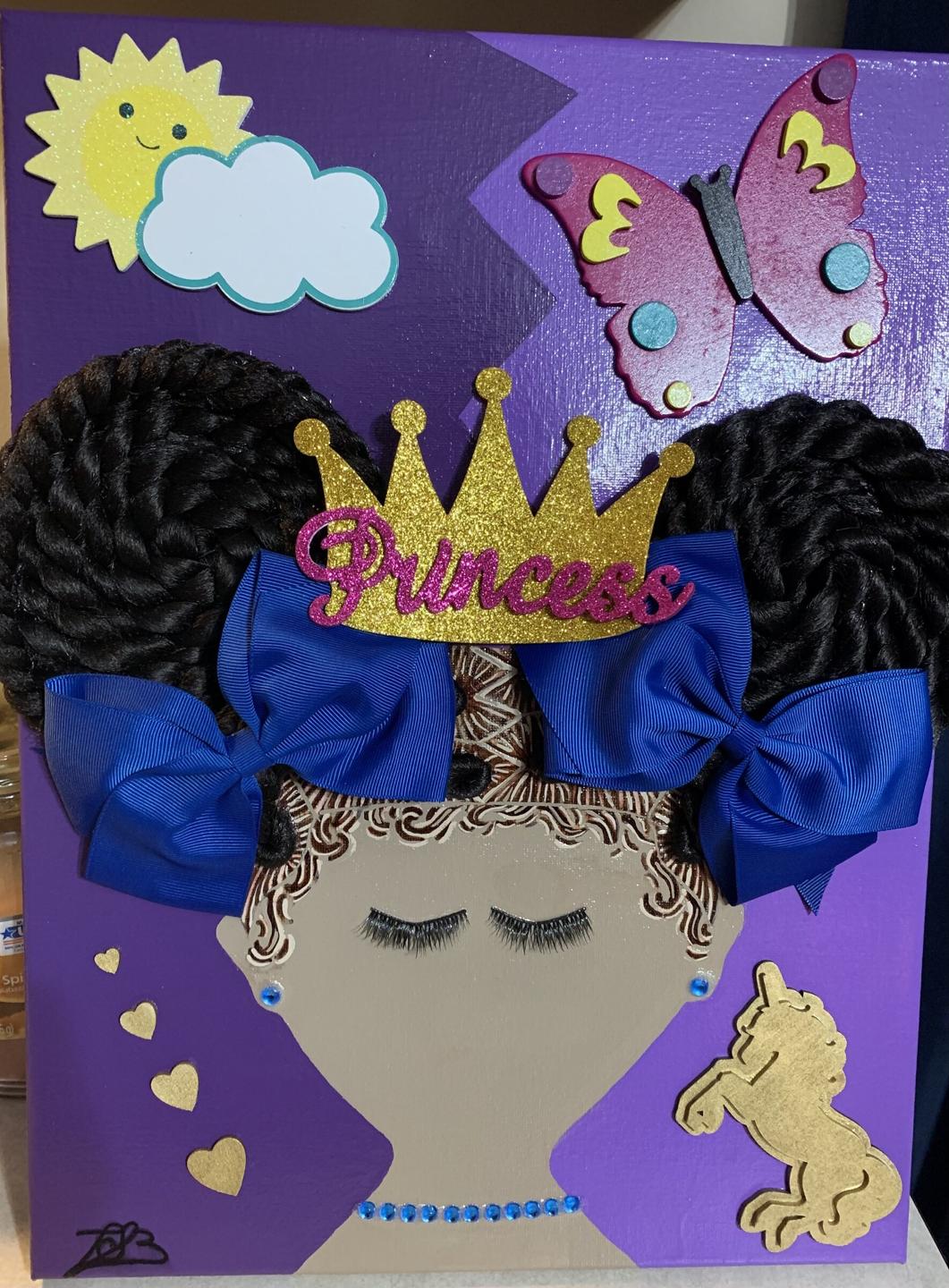 A girl with two braided puffs, blue bows and a glittery gold Princess crown on a purple canvas, with a smiling sun, a butterfly and a gold unicorn.