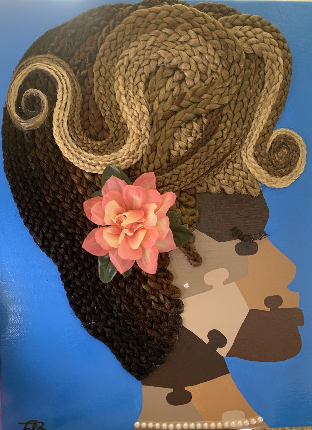 Profile of a woman on a bright blue canvas, with sculpted brown and blonde braids, a pink flower and a pearl necklace; her face is painted as puzzle pieces.