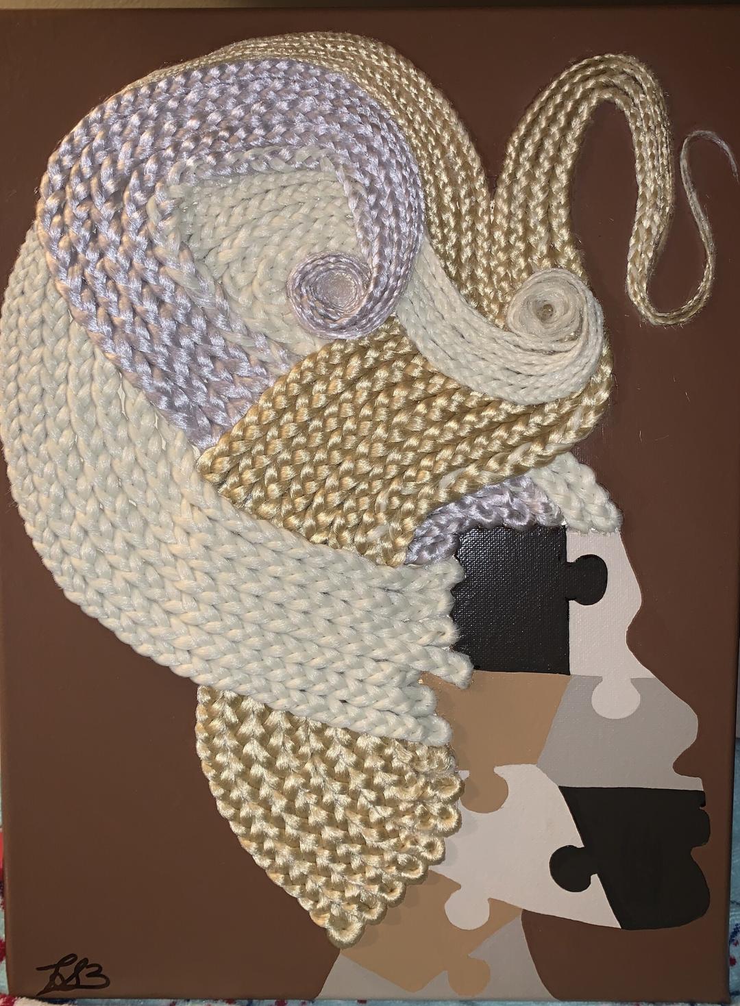 Profile of a woman on a brown canvas with swirling cream, gold and lavender braids; her face is painted as puzzle pieces in black, grey and beige.