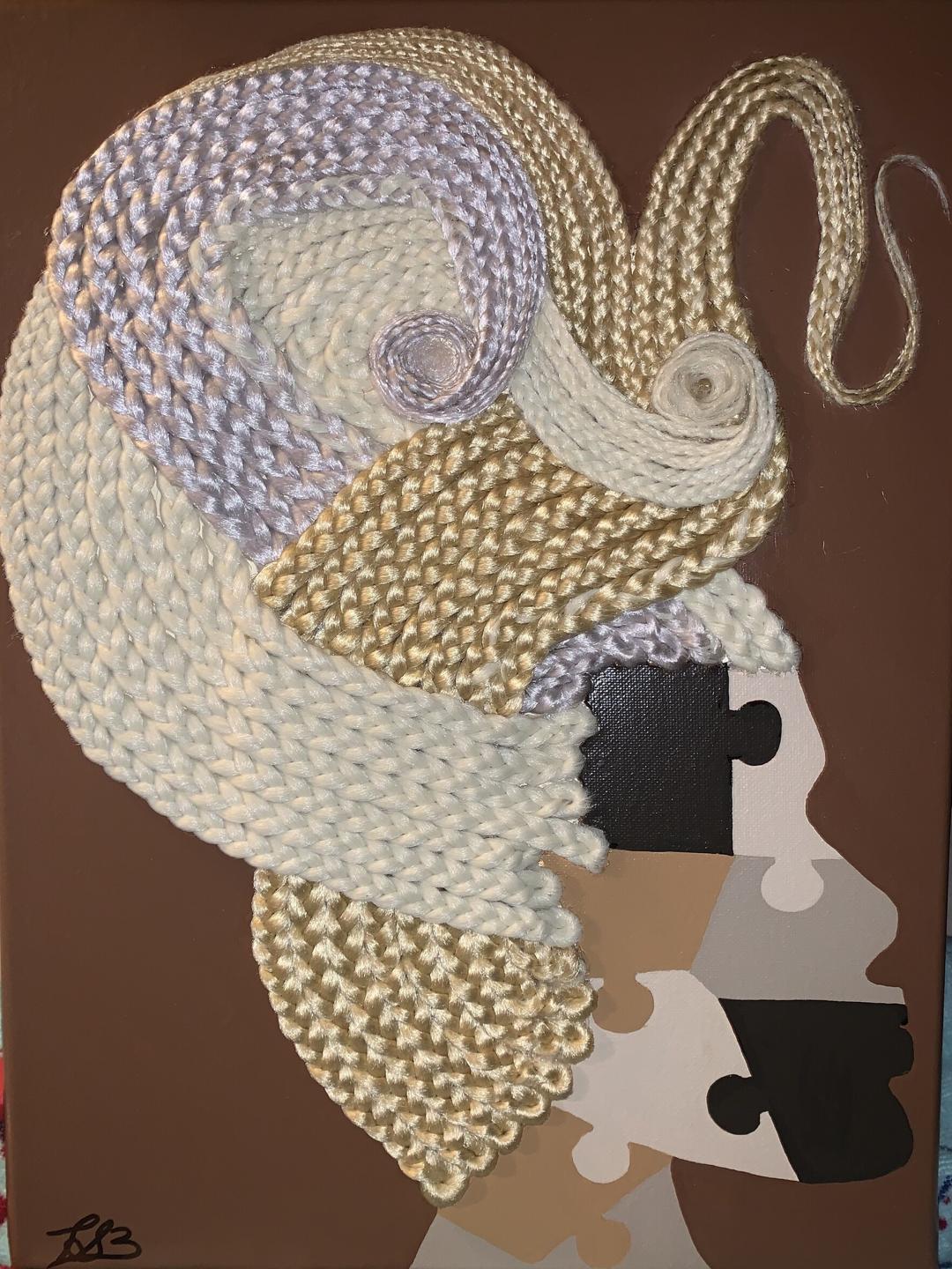 Profile of a woman on a brown canvas with swirling cream, gold and lavender braids; her face is painted as puzzle pieces in black, grey and beige.