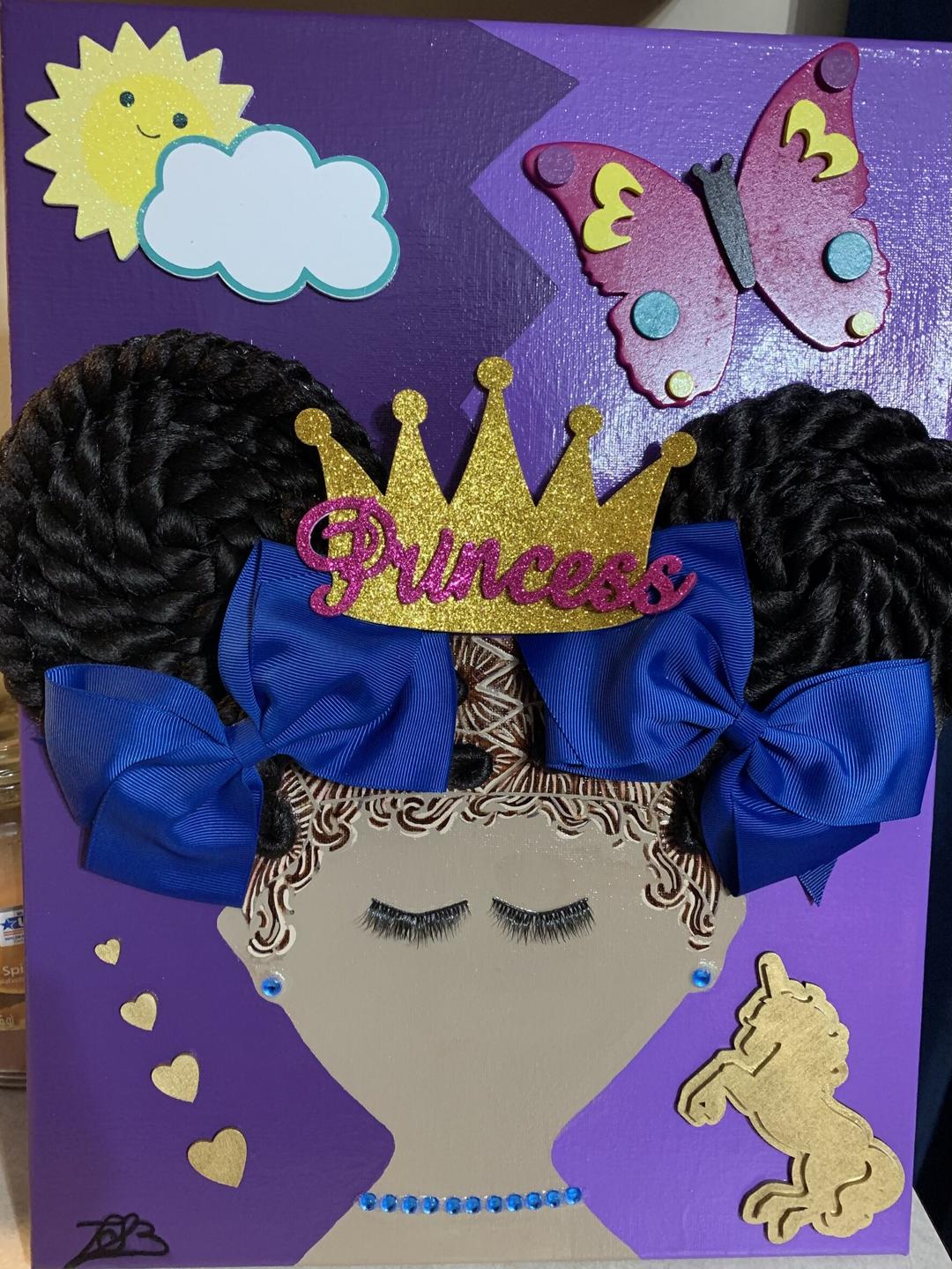 A girl with two braided puffs, blue bows and a glittery gold Princess crown on a purple canvas, with a smiling sun, a butterfly and a gold unicorn.