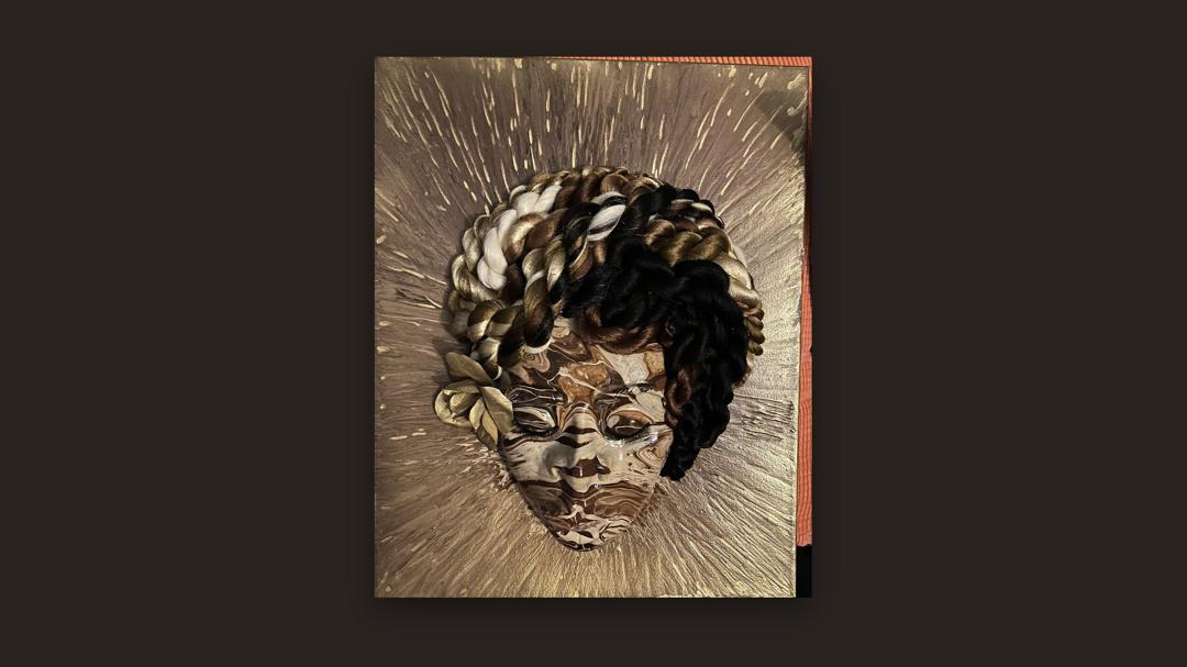 Golden Hour — A marbled acrylic-pour face framed by twisted braids and gold leaves, on a canvas splashed with gold.