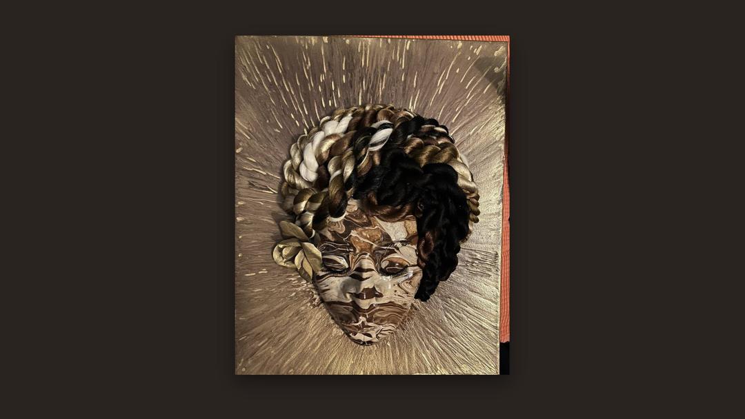 Golden Hour: A marbled acrylic-pour face framed by twisted braids and gold leaves, on a canvas splashed with gold.