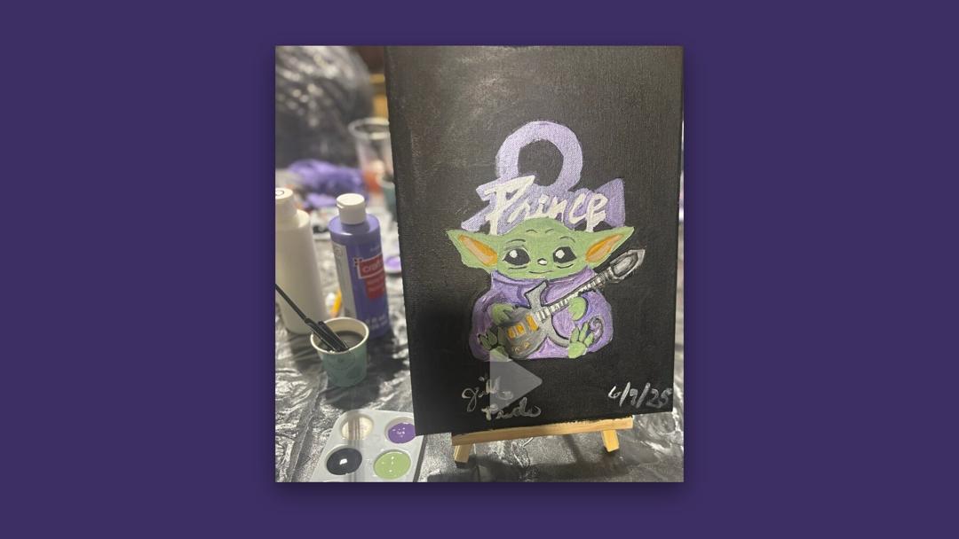 Prince Party Paint-N-Sip: A custom Prince-themed canvas, finished by a friend at the Prince Party Paint-N-Sip, an extra space to create and meet creative people.