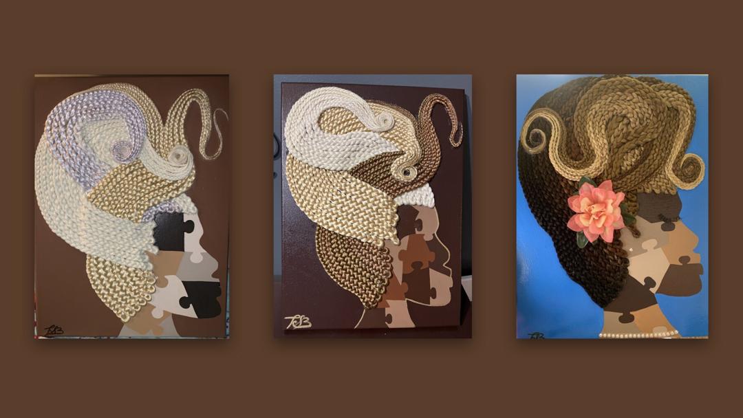 Puzzle Portraits: Profiles built from sculpted braids, with faces painted as interlocking puzzle pieces.